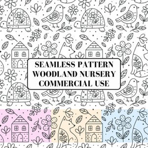May include: A black and white seamless pattern featuring woodland nursery elements. The design includes illustrations of turtles, birds, flowers, houses, and foxes. The text "SEAMLESS PATTERN WOODLAND NURSERY COMMERCIAL USE" is displayed in a rectangular box.