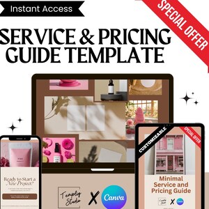 Op de afbeelding: Een digitale productmockup die een roze en witte service- en prijsgids sjabloon laat zien. De sjabloon is aanpasbaar en bevat de tekst "Minimal Service and Pricing Guide". De sjabloon is ontworpen voor gebruik met Canva en is direct te downloaden.