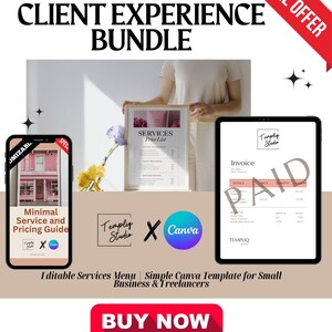 Op de afbeelding: Een digitaal marketingpakket voor kleine bedrijven en freelancers. Het pakket bevat een minimale service- en prijsgids, een prijslijst voor diensten en een factuurtemplate. De sjablonen zijn bewerkbaar in Canva. De afbeelding bevat de tekst "Direct toegang", "Speciale aanbieding", "Klantervaringspakket", "Minimale service- en prijsgids", "Prijslijst voor diensten", "Factuur", "BETAALD", "Templiy Studio", "Canva", "Bewerkbaar dienstenmenu Eenvoudige Canva-sjabloon voor kleine bedrijven en freelancers", en "NU KOPEN".