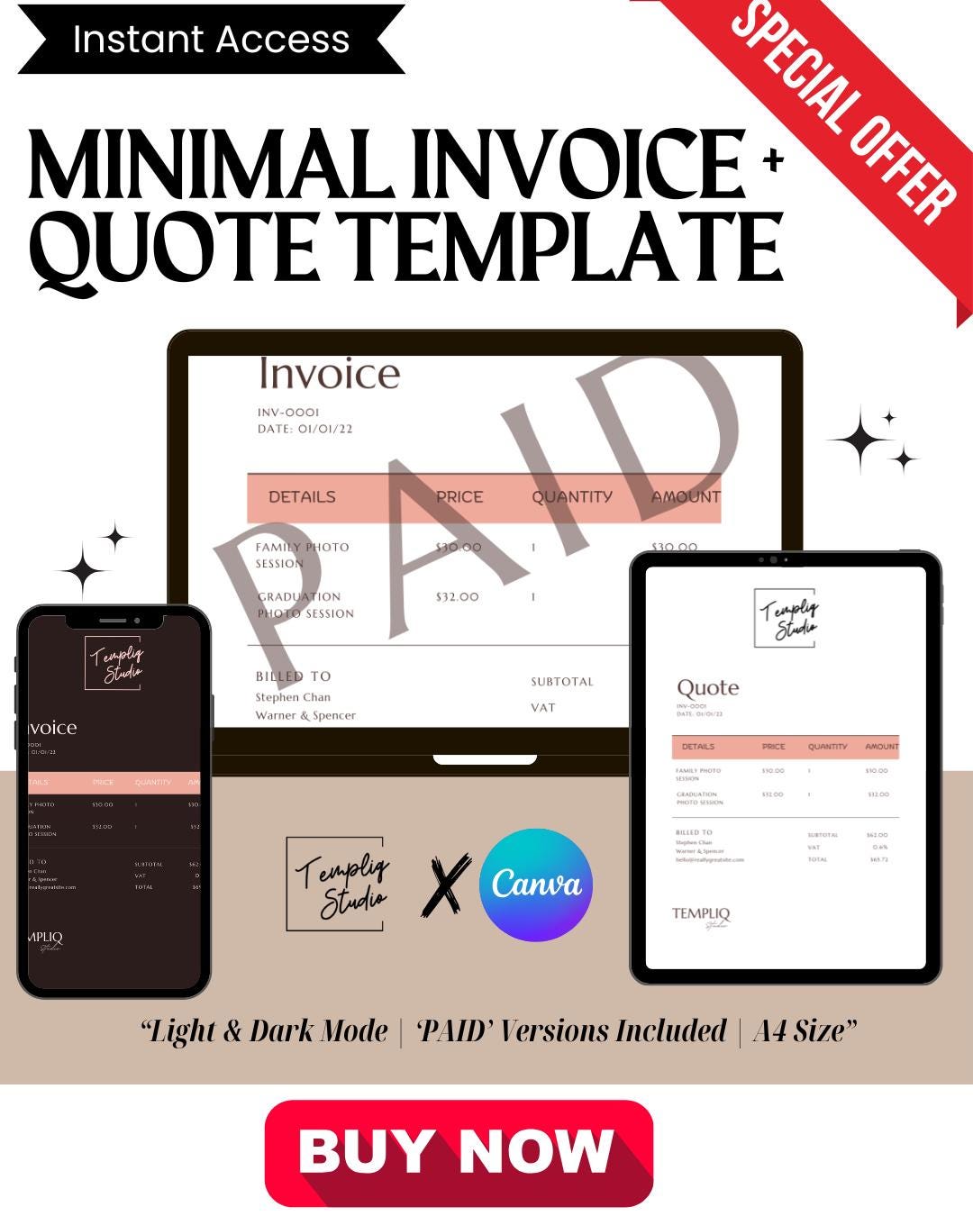 Invoice & Quote Canva Template | Light + Dark Mode | Editable | Small ...