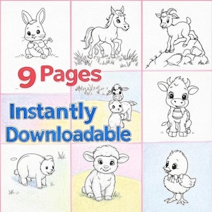 Dibujos para colorear de animales de granja bebés para niños: 9 diseños adorables, descarga digital