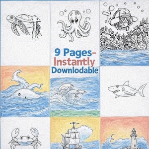 Dibujos para colorear de aventuras oceánicas para niños: 9 divertidos diseños marinos, descarga digital