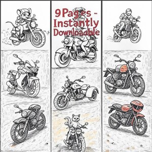 Motorcycle Adventure Coloring Pages for Kids – 9 Thrilling Vehicle Designs, Digital Download