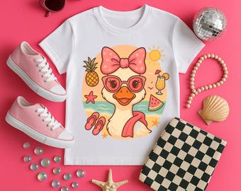 ビーチディーバダックPNG、かわいい夏のガチョウのクリップアート、レトロなバケーション昇華、ピンクのボウダックデジタルダウンロード