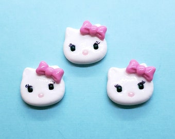 Set of 3 Kitty Cat Heads with Green Eyes and Pink Hair Bow | Handmade Clay Center | Brooch Pin | Magnet | Necklace | Ready to Ship