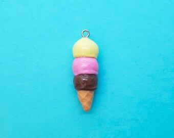 Neapolitan Ice Cream Cone Pendant | Purse Charm | Handmade Summer Faux Food | Ready to Ship