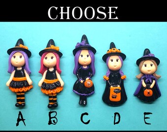 Choose Your Halloween Kawaii Witch Figurine, Pendant, Ornament, Magnet, Brooch, Necklace