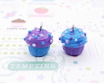 Set of 2 Cupcakes Pendants in Matching Blue & Purple | Purse Charm | Necklace | Handmade Faux Food | Ready to Ship