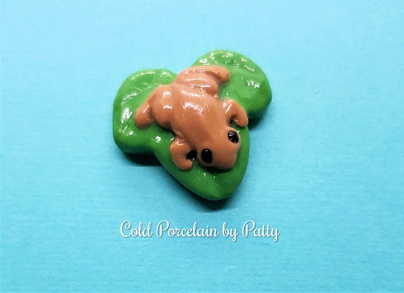 May include: A small, brown frog figurine sitting on a green leaf. The frog has black eyes and is made of cold porcelain.