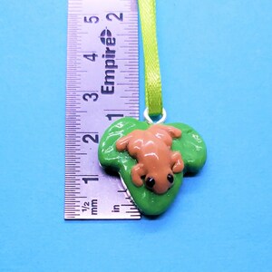 May include: A small brown frog figurine sitting on a green leaf charm. The charm is attached to a green ribbon and a silver chain.