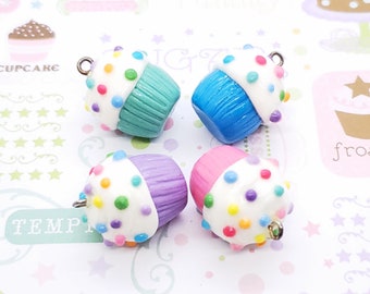Set of 4 Handmade Cupcake Pendants with Multicolored Sprinkles | Cup in Pink, Blue, Purple and Aqua | Purse Charm | Necklace | Faux Food
