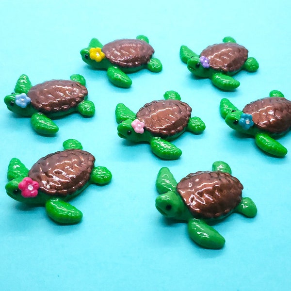 Miniature Sea Turtle Handmade Figurine with Flower in Pink, Purple, Yellow, Blue, Teal | Magnet | Brooch Pin | Decor | Ready to Ship Gift