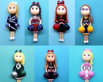 Custom Cheerleader Figurine Football Cheerleading Team, Coach, Captain, Ornament, Pendant, Purse Charm, Brooch, Magnet, Cake Topper Decor