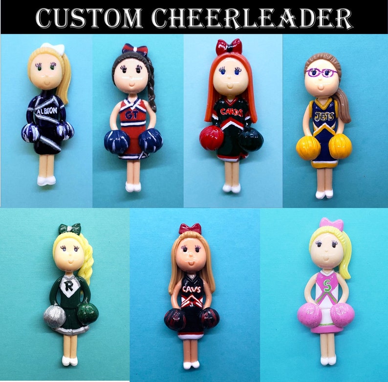 Custom Cheerleader Figurine Ornament Magnet Purse Charm Brooch Cake Topper Personalized Handmade Gift image 3