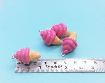Cold Porcelain Italian Pink Strawberry Cone Ice Cream Clay Pendants, Purse Charm, Necklace
