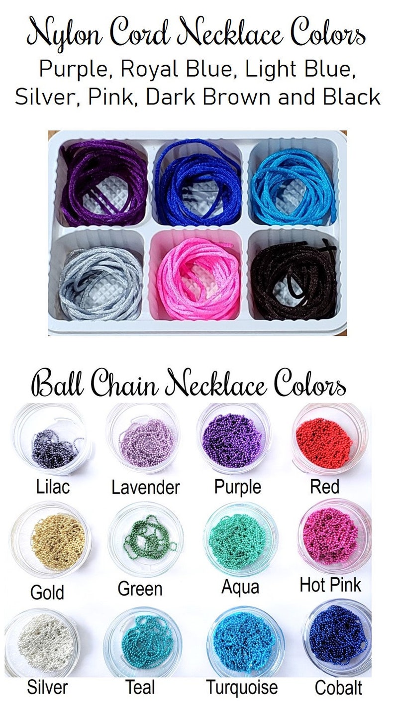 May include: A white tray with six compartments, each containing a different color of nylon cord. The colors are purple, royal blue, light blue, silver, pink, and black. Below the tray, there are 12 small glass containers, each filled with a different color of ball chain. The colors are lilac, lavender, purple, red, gold, green, aqua, hot pink, silver, teal, turquoise, and cobalt.