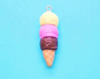 Cold Porcelain Neapolitan Ice Cream Cone Pendant, Purse Charm, Necklace, Gift