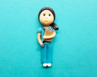 Brunette Female Figurine in Scrubs | Nurse RN CNA LPN | Ornament | Brooch | Magnet | Purse Charm | Healthcare Professional Handmade Gift