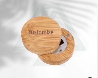 May include: A round, wooden bottle opener with a metal opener inside. The top of the bottle opener is a separate piece that can be personalized with the word "customize".