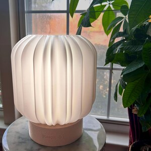 May include: A white, ribbed, cylindrical lamp with a soft glow. The lamp sits on a light beige base with the text "|Kaaga| &and; |" printed on it. The lamp is on a marble-topped table, with green plants in the background.