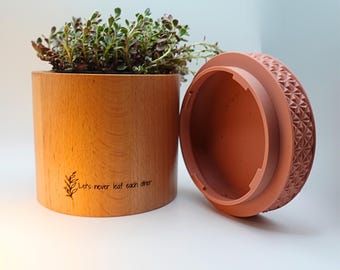 Handmade Wooden Planter with 3D Printed Saucer – Modern Succulent Planter