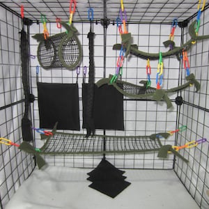 Ready to Ship/ 11 Pc Forest Green Mesh - Sugar Glider Cage Set, Small Animal bedding, Sugar Glider Accessories