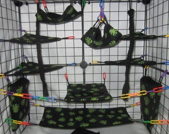 Ensemble de 17 cages de planeur en sucre : petits hamacs pour rats faits main et accessoires imprimés de feuilles