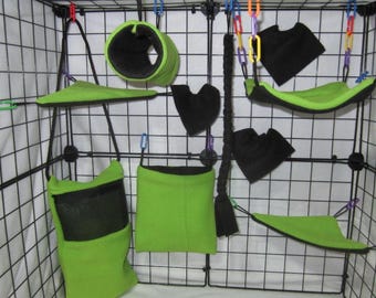 Ready to Ship/ 10-Piece Neon Green Fleece Cage Set for Sugar Gliders| With Bonding Pouch