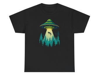 Koszulka z zabawnym nadrukiem science fiction z motywem porwania przez UFO i obcym, retro, humorystyczny prezent