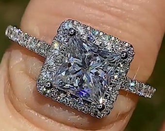 Princess Cut Moissanite Halo Engagement Ring: Handmade Gold or Platinum