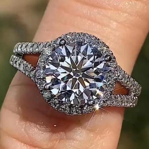 Cathedral Moissanite Engagement Ring: Split Shank Halo, Gold or Platinum