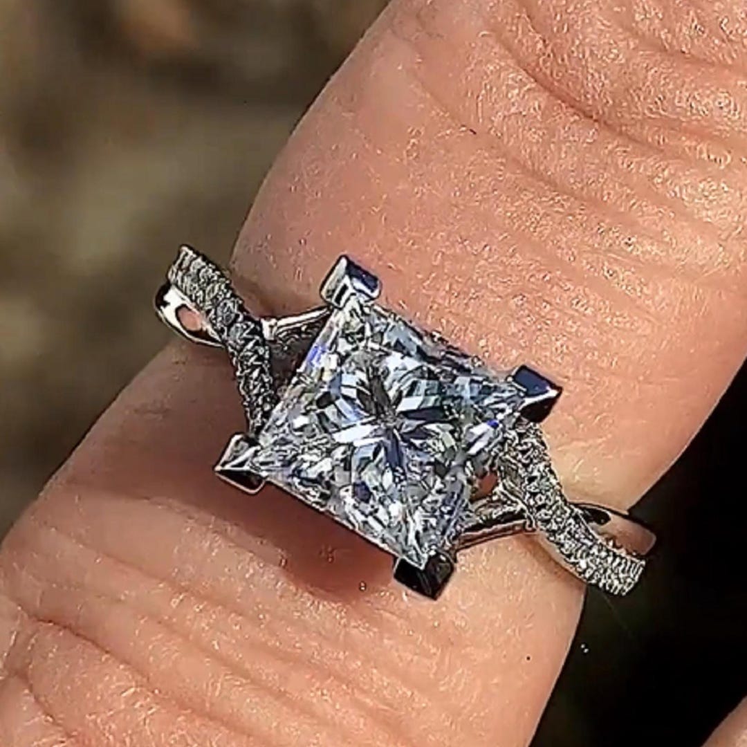 Princess Cut Moissanite Engagement Ring • Split Shank Cathedral • White ...