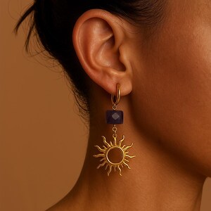 Gold Sun Charm Earrings with Amethyst Beads – Celestial Hoop Dangles | Handmade Spiritual Jewelry