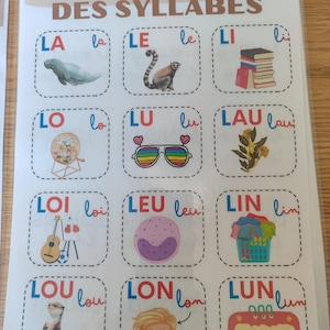May include: A colorful educational chart with the title "La Roue des Syllabes" (The Wheel of Syllables) in French. The chart features 12 illustrated squares, each with a different French syllable, such as "la", "le", "li", "lo", "lu", "lau", "loi", "leu", "lin", "lou", "lon", and "lun".