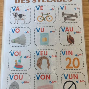 May include: A colorful educational chart with the title "La Roue des Syllabes" in French. The chart features 12 squares, each containing a different French syllable, illustrated with a corresponding image. The syllables are: VA, VE, VI, VO, VU, VAU, VOI, VEU, VIN, VOU, VON, and VUN.
