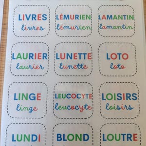 May include: A white sheet of paper with a colorful chart titled "La Roue des Syllabes" with 12 squares containing French words and their phonetic spellings. The words are: Livres, L&eacute;murrien, Lamantin, Laurier, Lunette, Loto, Linge, Leucocyte, Loisirs, Lundi, Blond, Loutre.