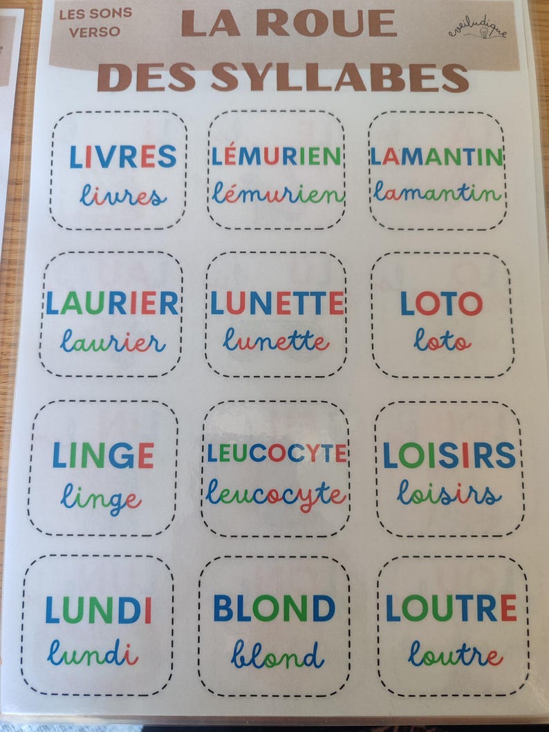May include: A white sheet of paper with a colorful chart titled "La Roue des Syllabes" with 12 squares containing French words and their phonetic spellings. The words are: Livres, L&eacute;murrien, Lamantin, Laurier, Lunette, Loto, Linge, Leucocyte, Loisirs, Lundi, Blond, Loutre.