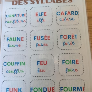 May include: A white sheet of paper with a colorful title "La Roue des Syllabes" and 12 squares with French words and their phonetic spellings. The words are: Confiture, Elfe, Cafard, Faune, Fus&eacute;e, For&ecirc;t, Couffin, Feu, Foire, Funk, Fondue, Fourmi.