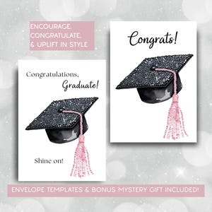 Girly Glam Graduation Printable Cards, Chic Sparkly Set of 2 5x7 Cards, Positive Messages to Graduates with Envelope Templates & Bonus Gift