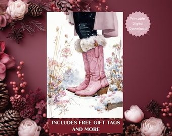 Pink Cowgirl Boots Christmas Card with Gift Tags & Envelopes (Digital Download)