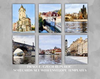 Prague Czech Republic Printable Notecards Set with Envelope Templates, 4x6 Blank Watercolor Travel Art Cards, Digital Download Traveler Gift