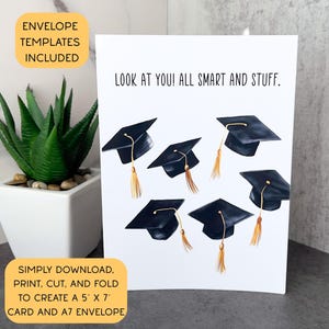 Funny Graduation Printable Card, 5x7 Blank Inside with Watercolor Grad Caps Art, Gift for Graduates with Envelope Templates & Mystery Bonus