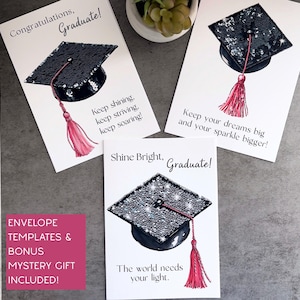 Girly Glam Graduation Printable Cards Set of 3 5x7 size Glamorous Encouragement Cards for Graduation Gift Giving with Envelopes & Bonus Gift