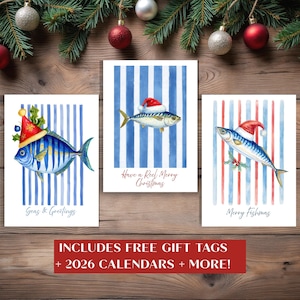 Printable Coastal Christmas Card Set, Whimsical Watercolor Holiday Cards with Santa Fish & Puns, Instant Download + Gift Tags, 2026 Calendar