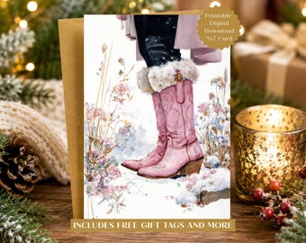Pink Cowgirl Boots Christmas Card: Printable Winter Notecard, Gift Tags, Checklist & Envelopes (Digital Download)
