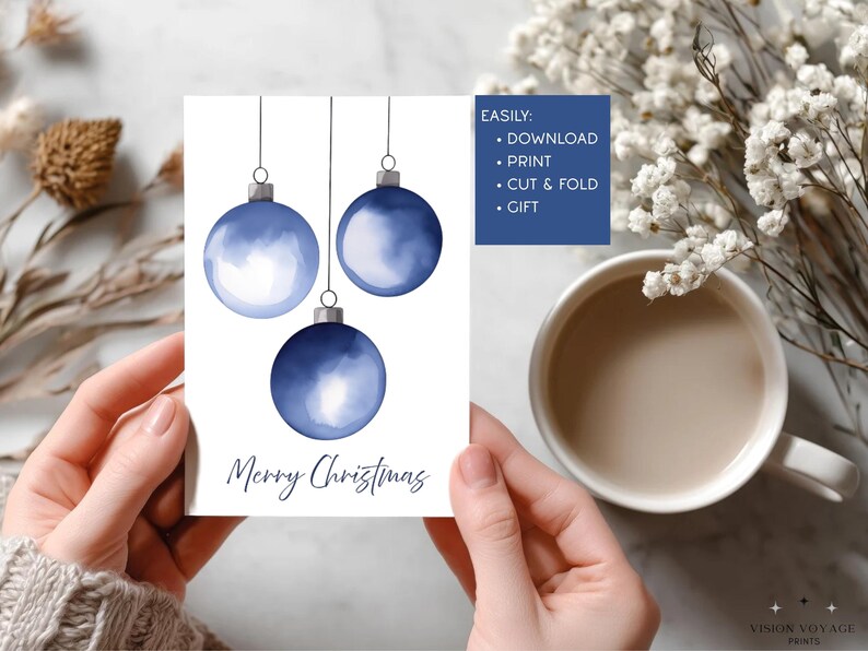 Printable Modern Christmas Cards Set – Minimalist Holiday Art Blue ...