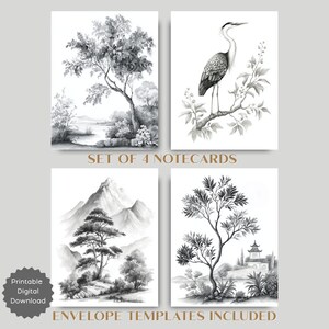 Schwarzweißes Chinoiserie Grußkarten Set, Natur Szenen druckbare Karten mit Umschlag Vorlagen, durchdachtes Geschenk für Freunde und jeden Anlass