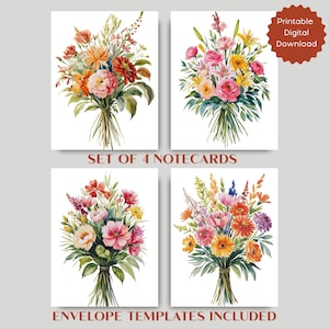 Ensemble de cartes de correspondance imprimables aquarelle florale, cartes colorées saisonnières pour un mot de remerciement, anniversaire, cadeaux juste parce que avec des modèles d'enveloppe