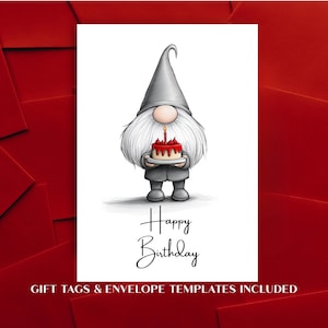 Biglietto di auguri di compleanno minimalista a forma di gnomo con etichette regalo e buste, materiale digitale scaricabile e stampabile per regali ponderati, biglietto piegato 5 x 7