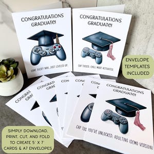 Printable Funny Graduation Cards for Video Game Players, Set of 8, 5” x 7” Cards with Envelope Templates & Bonus Gift, Great Graduation Gift